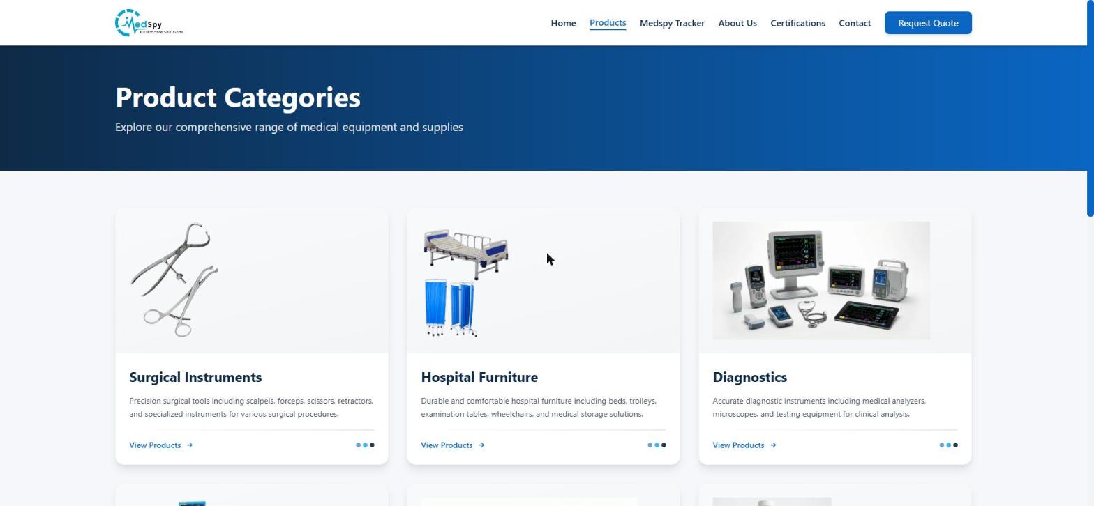 Product Categories page — Surgical Instruments, Hospital Furniture, Diagnostics, and more across the 100+ product catalog.