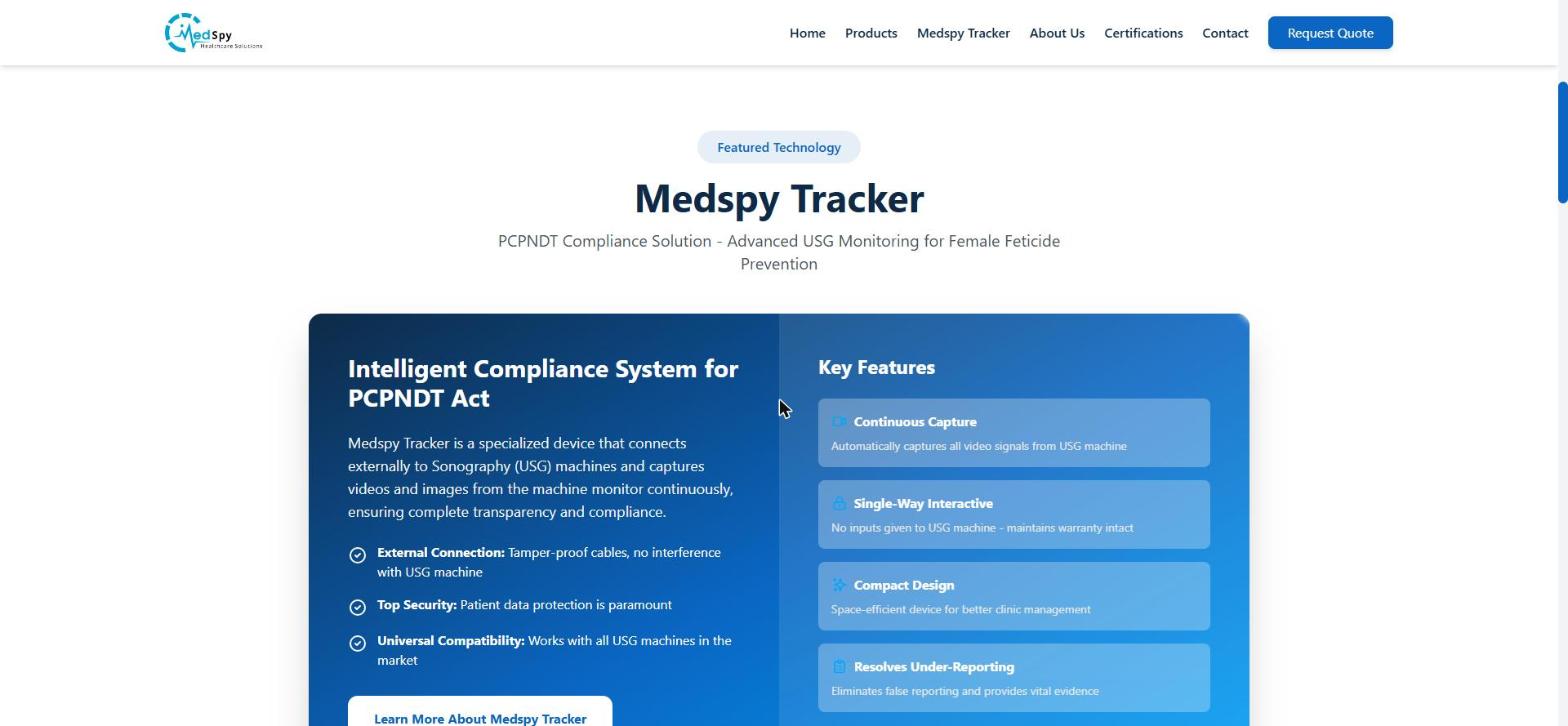 Medspy Tracker feature section — the PCPNDT compliance device explained through its four key capabilities: Continuous Capture, Single-Way Interactive, Compact Design, and Resolves Under-Reporting.