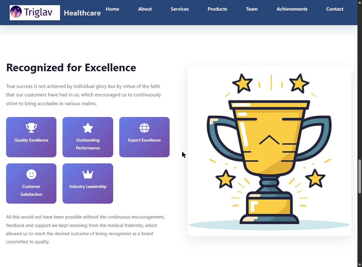 "Recognized for Excellence" — five achievement badges built to reinforce trust with hospital and clinic buyers.
