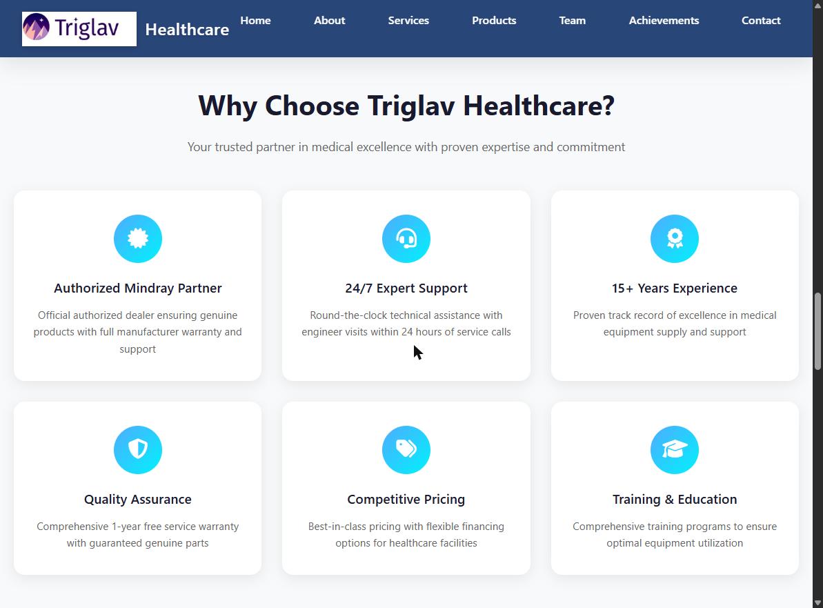 "Why Choose Triglav Healthcare?" — six cards covering authorized partnership, 24/7 support, experience, quality, pricing, and training.